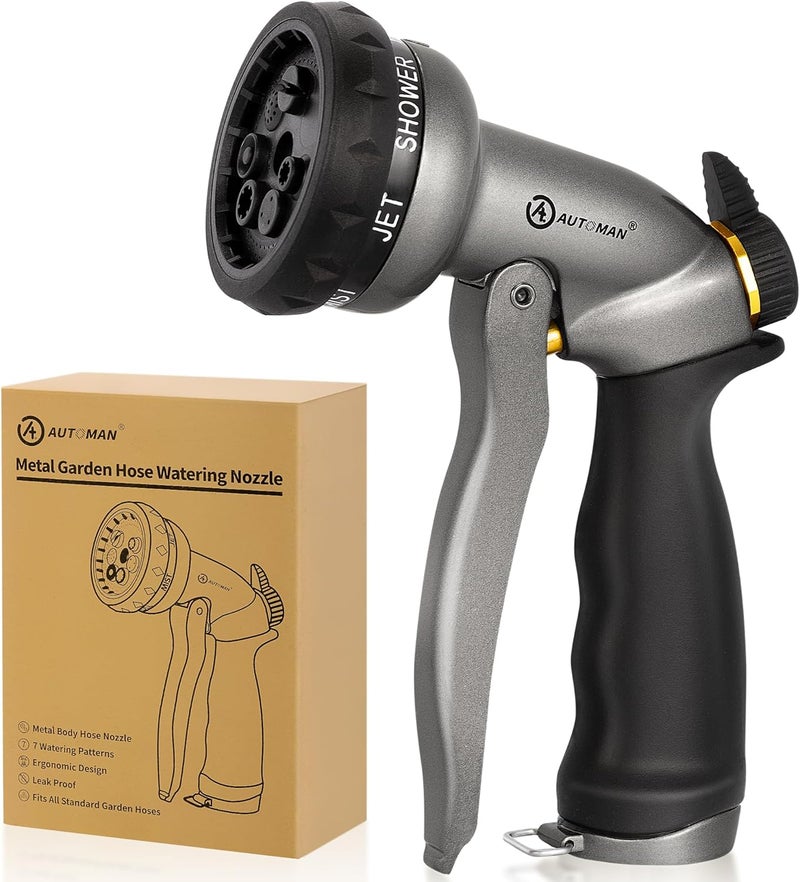 AUTOMAN Garden Hose Nozzle - 7 Patterns Sprayer, 100% Metal High Pressure Spray Nozzle, Labor-Saving Design, Heavy Duty Water Hose Nozzle for Garden Watering, Car Washing, Window Cleaning,Pets Bathing - Image 1