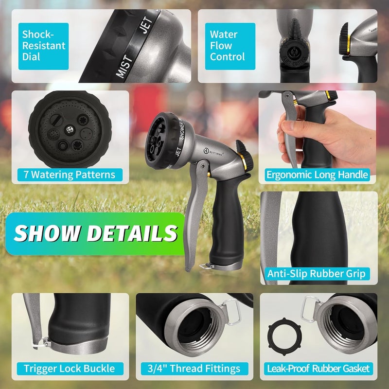 AUTOMAN Garden Hose Nozzle - 7 Patterns Sprayer, 100% Metal High Pressure Spray Nozzle, Labor-Saving Design, Heavy Duty Water Hose Nozzle for Garden Watering, Car Washing, Window Cleaning,Pets Bathing - Image 2