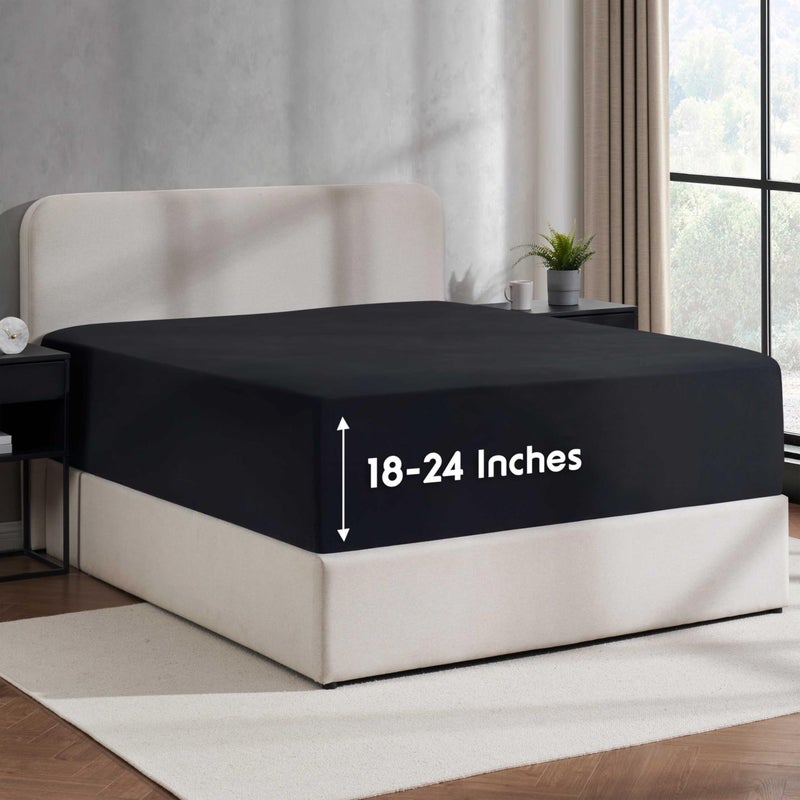 Nestl Black Extra Deep Pocket King Fitted Sheet Only, Hotel Luxury King Size Fitted Sheets Easily Fits 18 to 24 Inch Mattress, Super Soft, Wrinkle-free, and Breathable Bottom Sheets with Corner Straps - Image 1