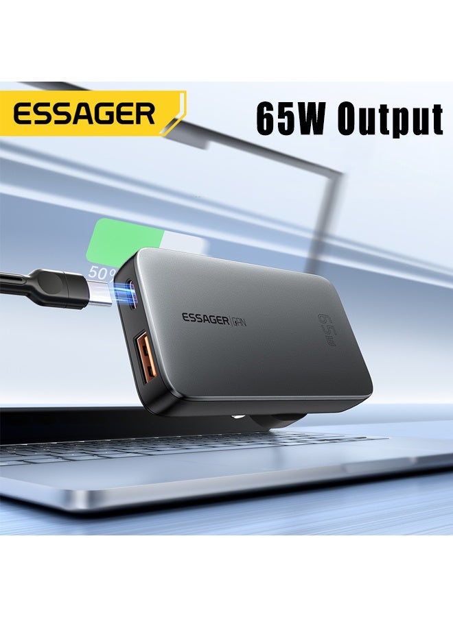 ESSAGER 65W Charger Type C 1C1A Wall Adapter,  Fast 2-Port Travel Charger Slim Design, GaN Charger, with US/UK Plugs Compatible  With iPhone 16 15 Pro Max Galaxy S24 23 Ultra Z Flip 6 5 Macbook Air iPad Pro Mini Xiaomi Vivo Grey - Image 3