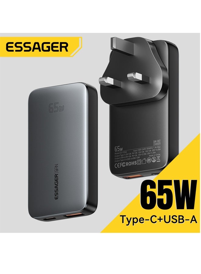 ESSAGER 65W Charger Type C 1C1A Wall Adapter,  Fast 2-Port Travel Charger Slim Design, GaN Charger, with US/UK Plugs Compatible  With iPhone 16 15 Pro Max Galaxy S24 23 Ultra Z Flip 6 5 Macbook Air iPad Pro Mini Xiaomi Vivo Grey - Image 1