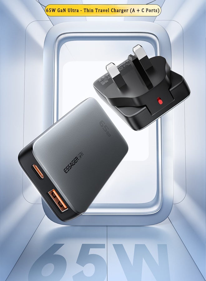 ESSAGER 65W Charger Type C 1C1A Wall Adapter,  Fast 2-Port Travel Charger Slim Design, GaN Charger, with US/UK Plugs Compatible  With iPhone 16 15 Pro Max Galaxy S24 23 Ultra Z Flip 6 5 Macbook Air iPad Pro Mini Xiaomi Vivo Grey - Image 4