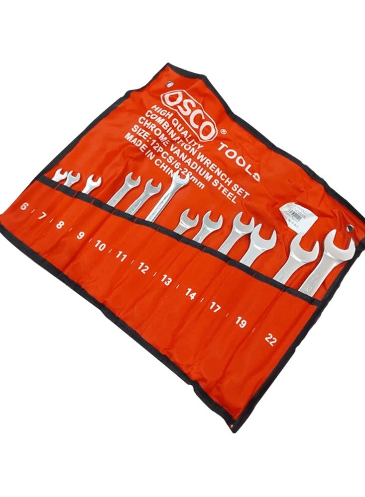 OSCO-TOOLS Osco Combination Wrench Set  – 12 Pieces, sizes from 6mm to 22mm, is a complete toolkit for any workshop or home; crafted from high-quality, rust- and corrosion-resistant materials, it offers durability and strength with a practical design for precise and efficient fastening tasks. - Image 1
