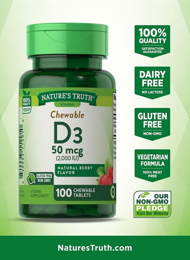 Chewable Vitamin D3 2,000 IU | 100 Tablets | Berry Flavor | Vegetarian, Non-GMO, Gluten Free