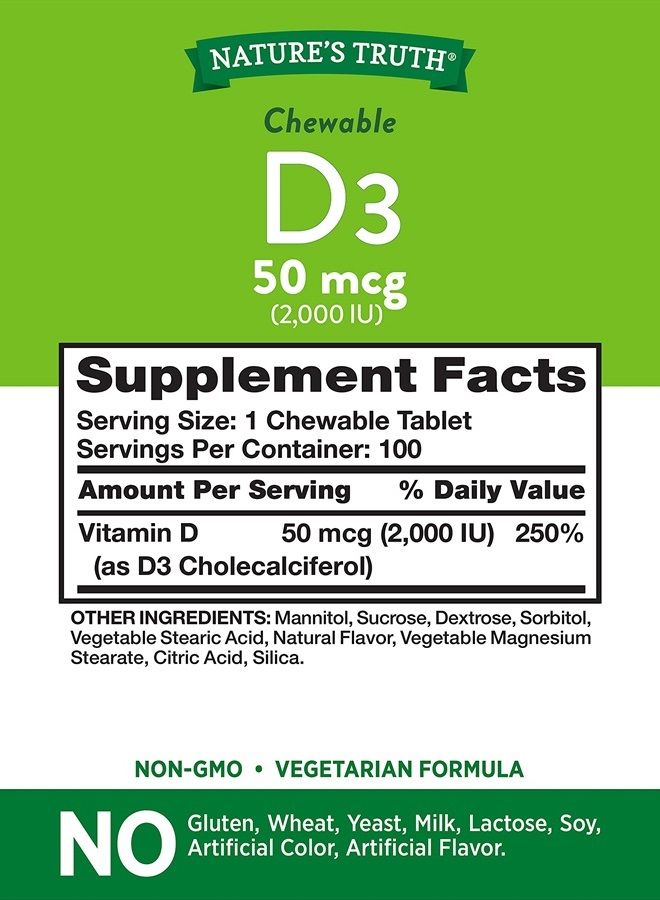 Chewable Vitamin D3 2,000 IU | 100 Tablets | Berry Flavor | Vegetarian, Non-GMO, Gluten Free