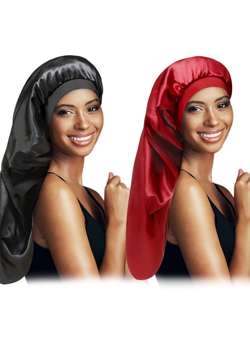 NIBEMINENT Satin Bonnet Sleep Cap Silk for Natural Hair Long Extra Large Bonnets Women Night Wide Elastic Band Very Soft Comfortable Black+Red  - Image 1