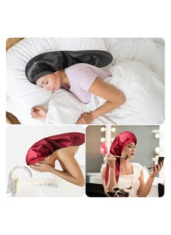 NIBEMINENT Satin Bonnet Sleep Cap Silk for Natural Hair Long Extra Large Bonnets Women Night Wide Elastic Band Very Soft Comfortable Black+Red  - Image 4