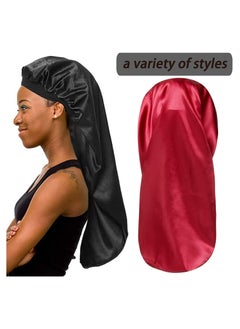 NIBEMINENT Satin Bonnet Sleep Cap Silk for Natural Hair Long Extra Large Bonnets Women Night Wide Elastic Band Very Soft Comfortable Black+Red  - Image 2