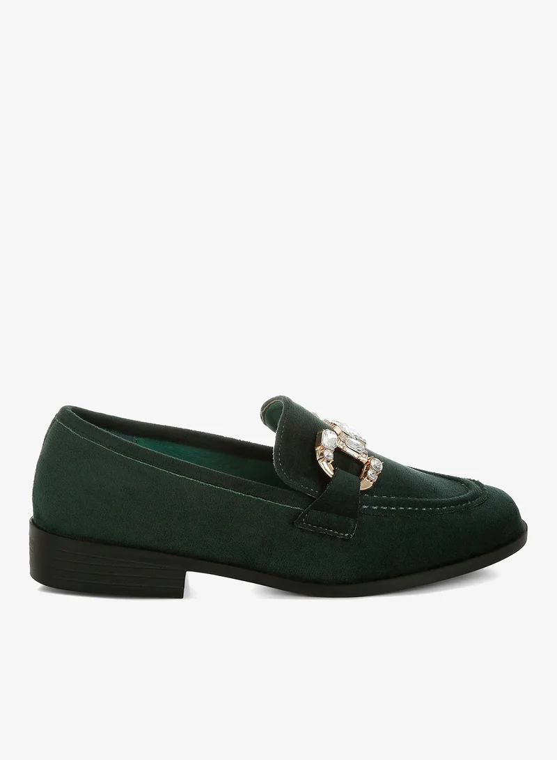 Diamante Embellished Horsebit Loafers in Green