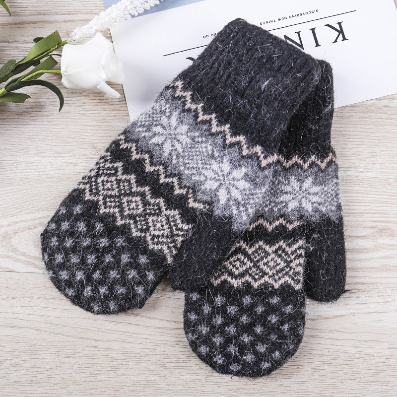 Korean Style New Autumn and Winter Gloves Fashion Womens Double Layer Thickened Warm Bag Finger Knitted Snowflake Gloves for Women Black [snowflake edging gloves]] 