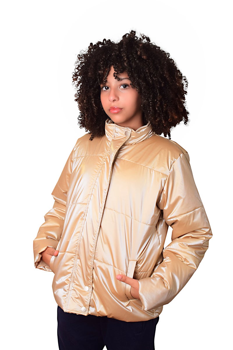 بونچو جاكيت بناتي بسحاب من البوليستر مقاوم للماء باللون الذهبي. - Image 2