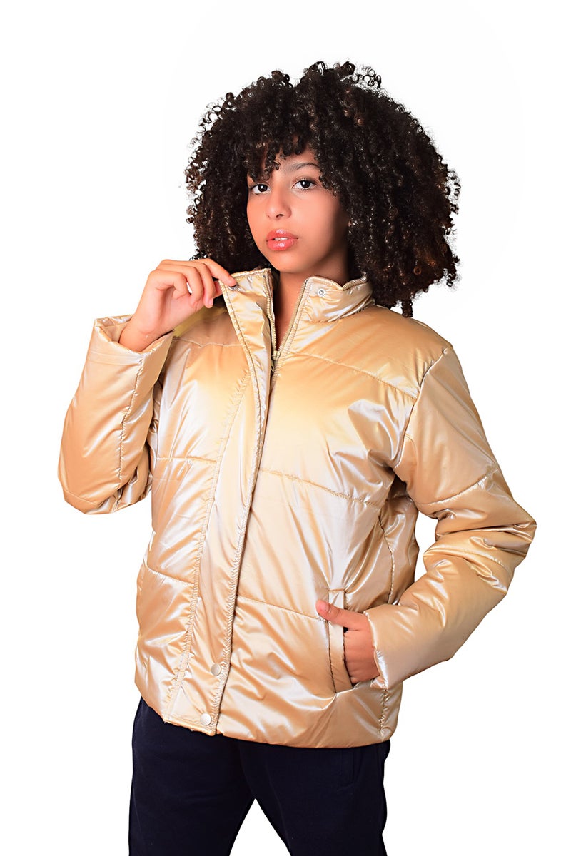 بونچو جاكيت بناتي بسحاب من البوليستر مقاوم للماء باللون الذهبي. - Image 4