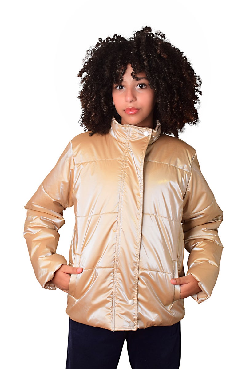 بونچو جاكيت بناتي بسحاب من البوليستر مقاوم للماء باللون الذهبي. - Image 1