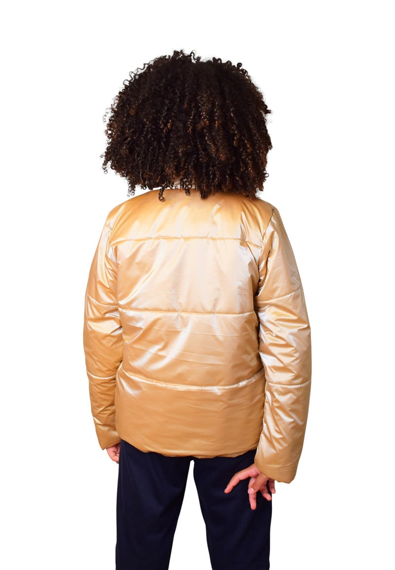 بونچو جاكيت بناتي بسحاب من البوليستر مقاوم للماء باللون الذهبي. - Image 3