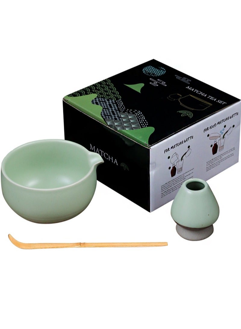 ايكانبو طقم شاي ماتشا 3 قطع، وعاء مستدير وعاء ماتشا مع صنبور، وعاء ماتشا لامع مع حامل تحريك، مع ملعقة من الخيزران، مناسب لمسحوق ماتشا/شاي ماتشا (سماوي) - Image 1