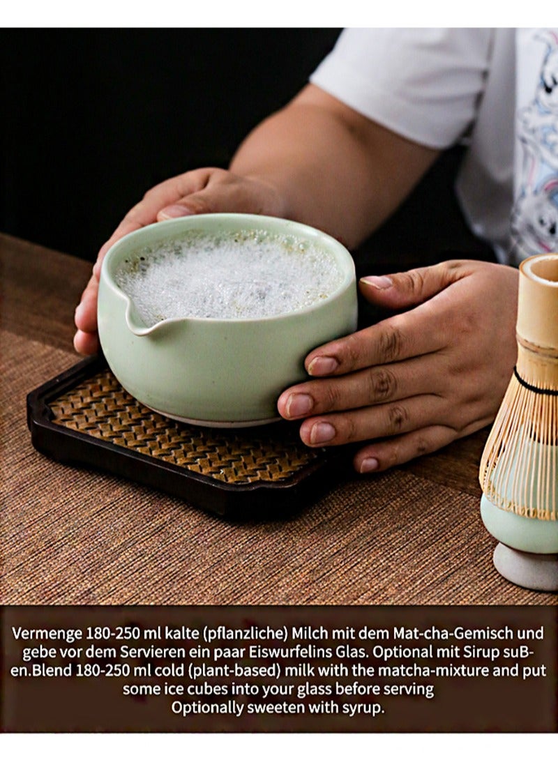 ايكانبو طقم شاي ماتشا 3 قطع، وعاء مستدير وعاء ماتشا مع صنبور، وعاء ماتشا لامع مع حامل تحريك، مع ملعقة من الخيزران، مناسب لمسحوق ماتشا/شاي ماتشا (سماوي) - Image 5