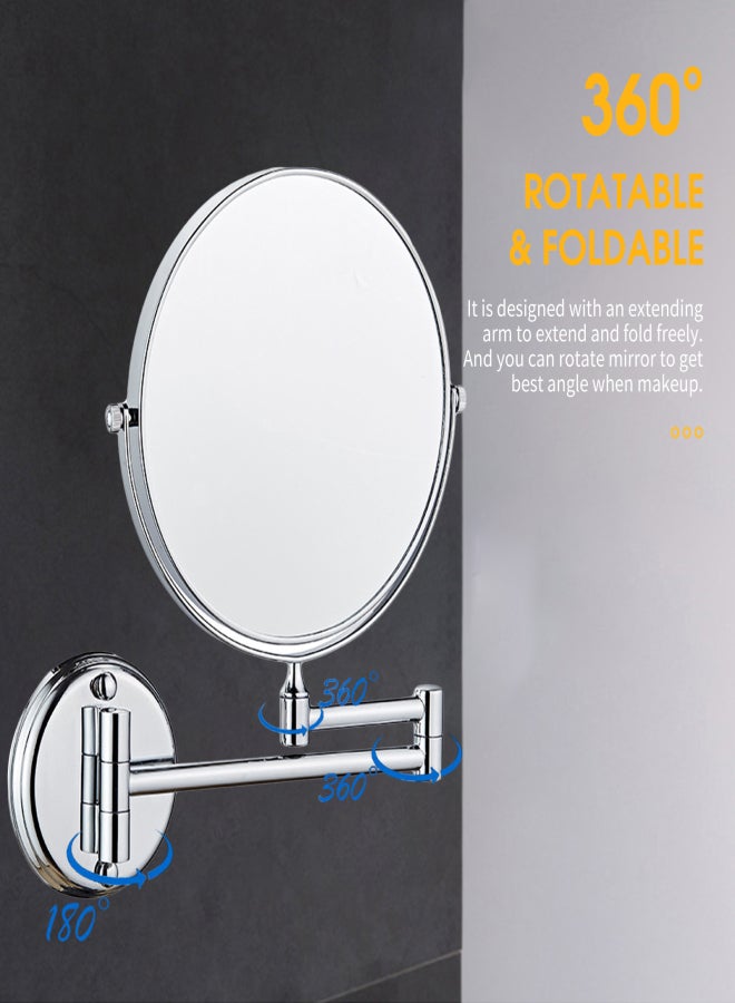6in Wall Mounted 360° Rotatable Makeup Mirror 1X/3X Dual Sided Silver Coated Mirror with Foldable Arm, Silver Requires Drilling Holes - Image 5