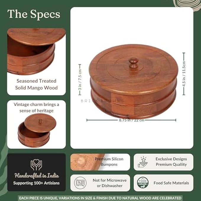 ريحني صندوق تشاباتي خشبي قديم مصنوع يدويا لسلة تورتيلا مطبخ سلة تسخين التورتيلا وطجن بوت هوت بوت لخادم روتي علبة تقديم أدوات المائدة روتي دابا مع غطاء 9 9 45 بوصة - Image 5