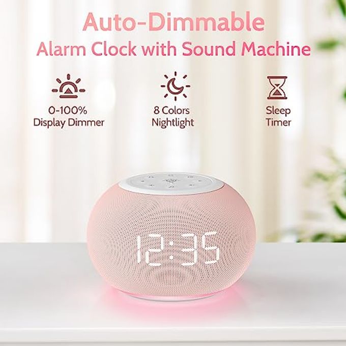 REACHER Auto Dimmable Sound Machine Alarm Clock with Night Lights, 20 Soothing Sounds, Sleep Timer, Precise Volume Control, Cute White Noise Soother for Girls, Kids, Bedrooms, Office - Image 5