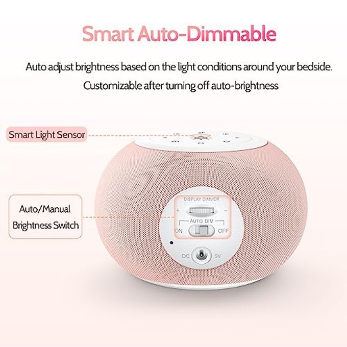 REACHER Auto Dimmable Sound Machine Alarm Clock with Night Lights, 20 Soothing Sounds, Sleep Timer, Precise Volume Control, Cute White Noise Soother for Girls, Kids, Bedrooms, Office - Image 3