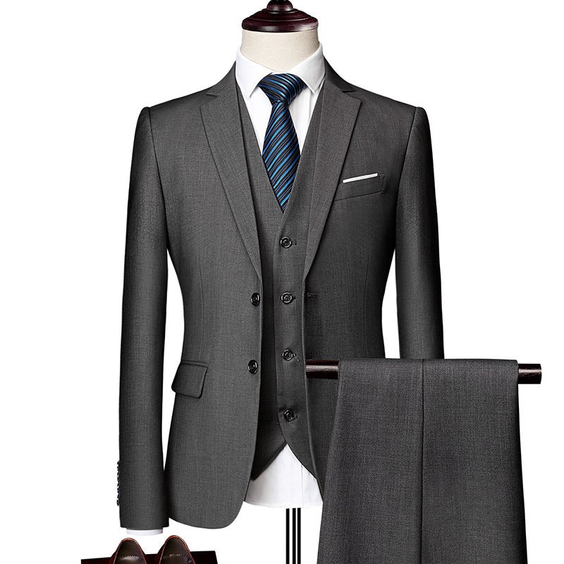 Mens British Fashion Suit Set 3-Piece Business Formal Grey (Suit Pants Vest) 