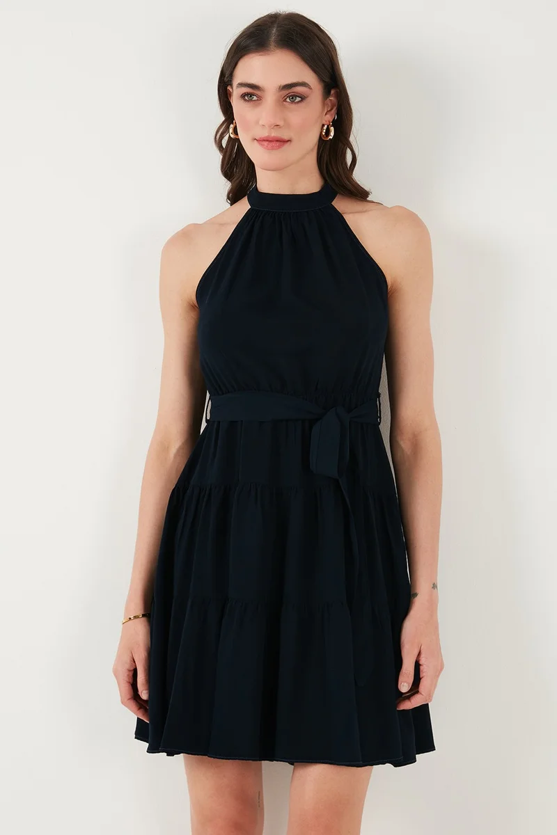 Lela Pleated Regular Fit Halter Neck Mini Length Belted Dress Women's Dress 6772041