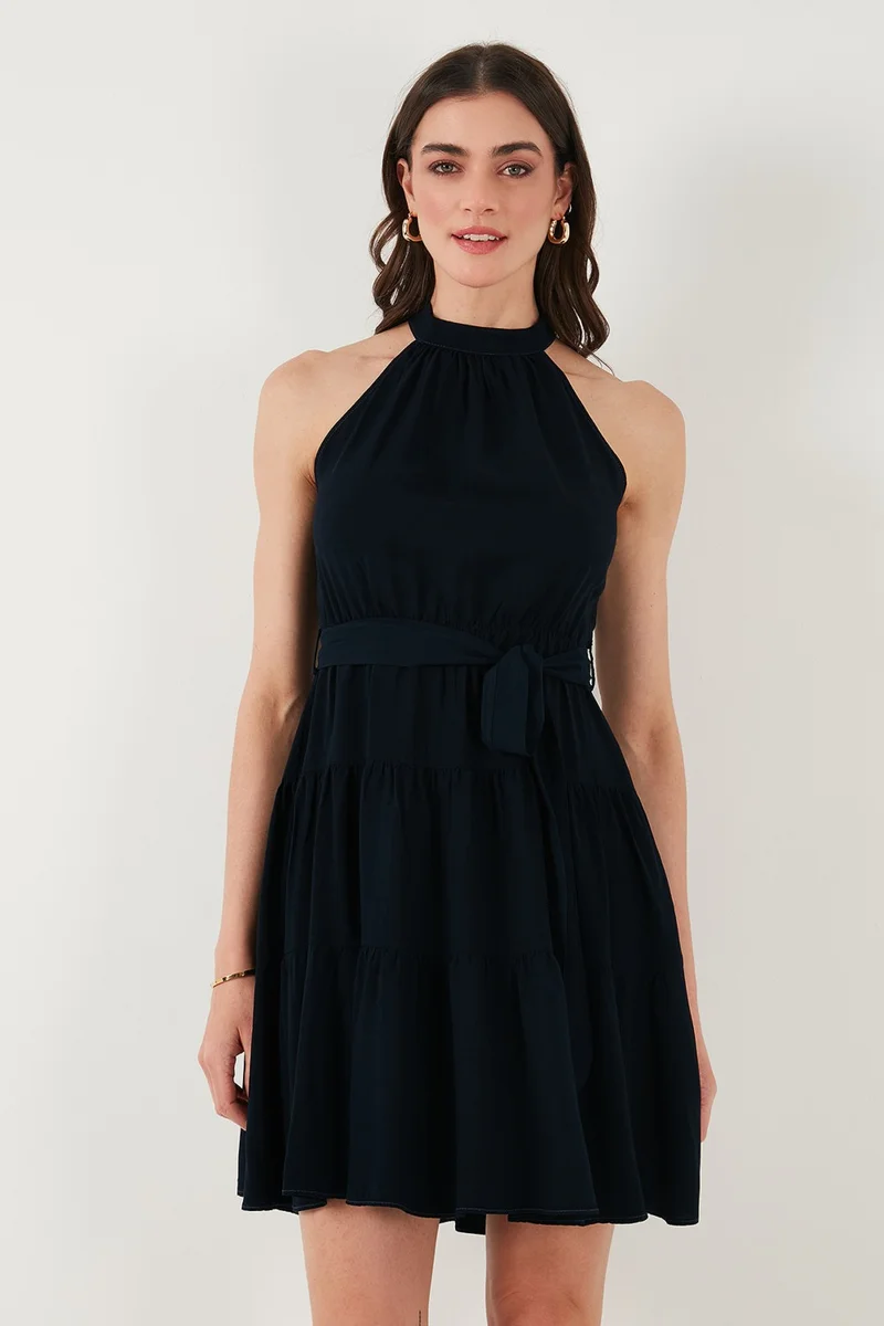 Lela Pleated Regular Fit Halter Neck Mini Length Belted Dress Women's Dress 6772041