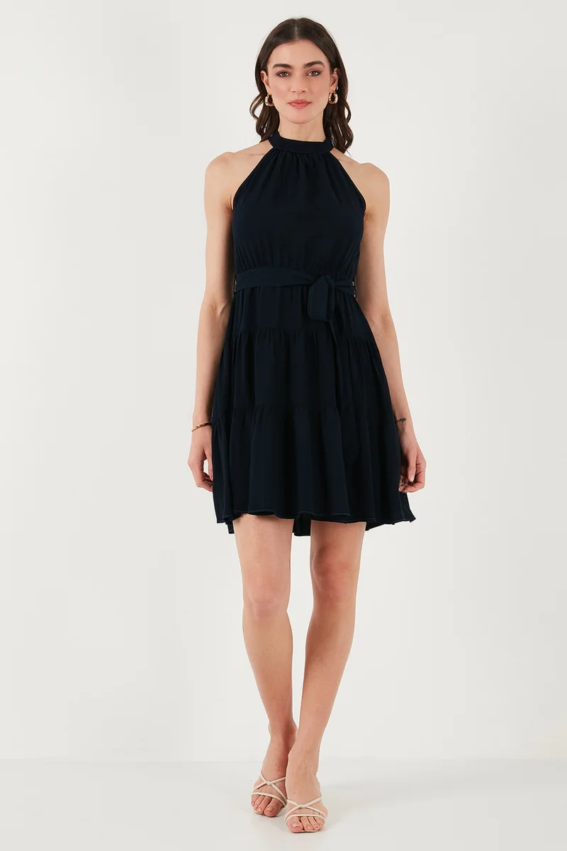 Lela Pleated Regular Fit Halter Neck Mini Length Belted Dress Women's Dress 6772041