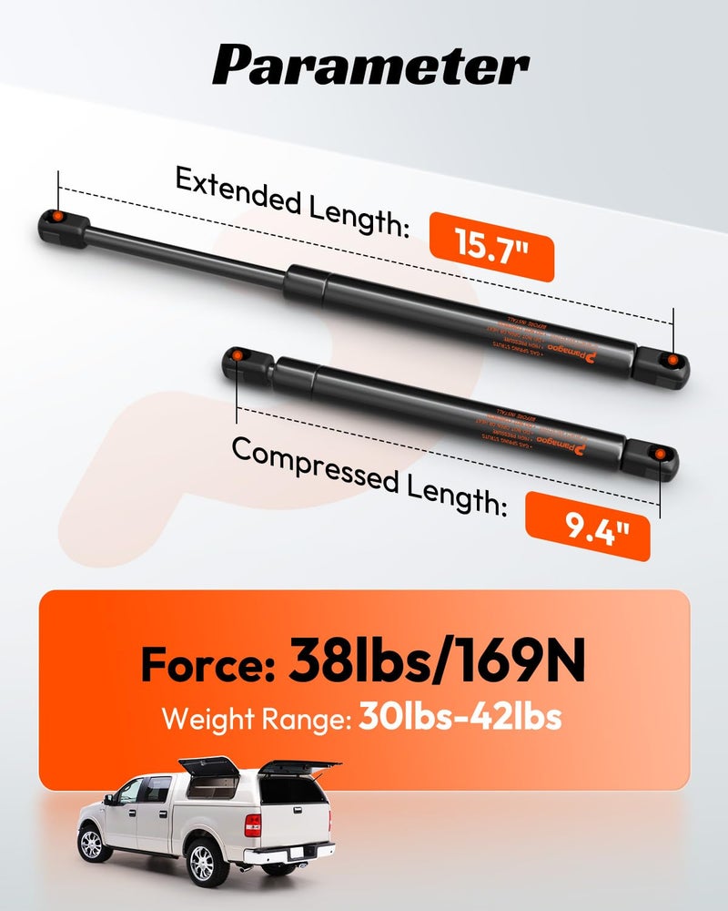 Pamagoo 16 Inch 38 Lbs Shocks A.R.E Truck Cap Struts C1609209 15.7 in 38# Gas Spring Lift Support for Snugtop Camper Shell Window Leer Topper Replacement Parts 2 Pack C16-09209 - Image 3