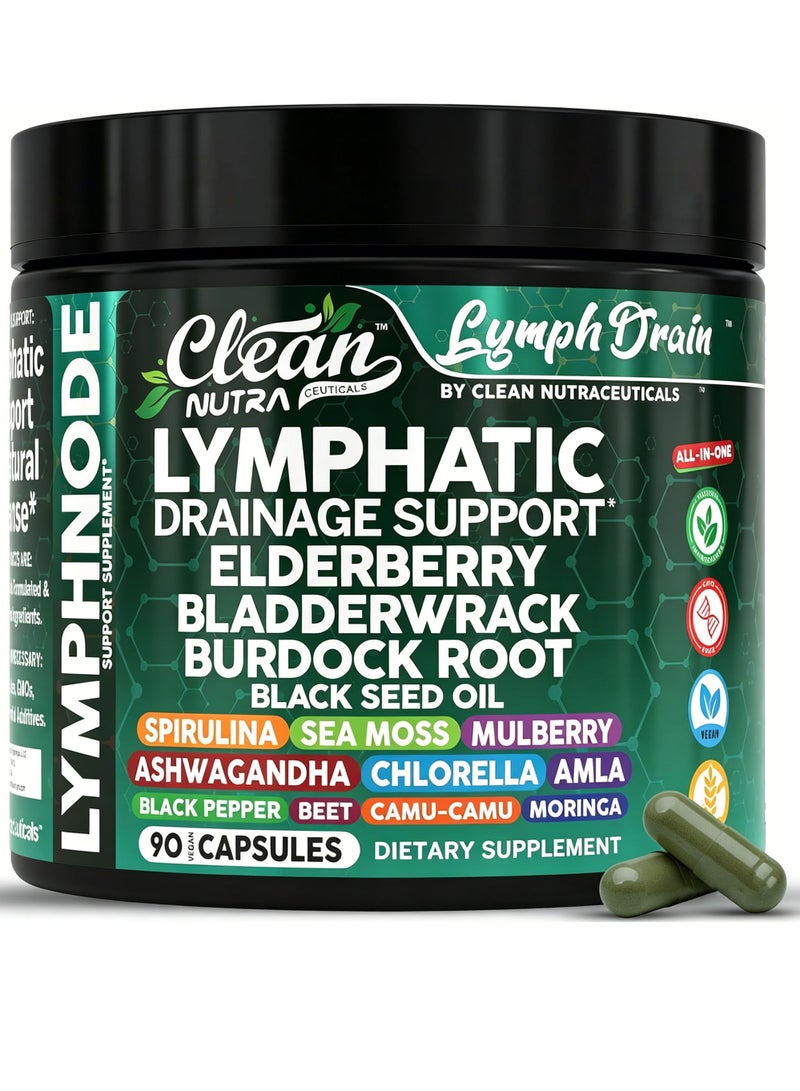 Clean Nutra Organic Lymphatic Drainage Supplements | Elderberry Bladderwrack Burdock Root Black Seed Oil Spirulina Sea Moss Ashwagandha Chlorella Amla Beet Moringa Chlorophyll Lymph System Capsules By Clean Nutra - Image 1