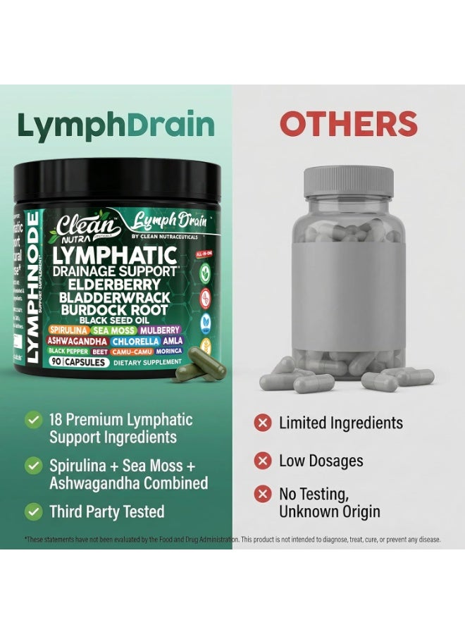 Clean Nutra Organic Lymphatic Drainage Supplements | Elderberry Bladderwrack Burdock Root Black Seed Oil Spirulina Sea Moss Ashwagandha Chlorella Amla Beet Moringa Chlorophyll Lymph System Capsules By Clean Nutra - Image 4