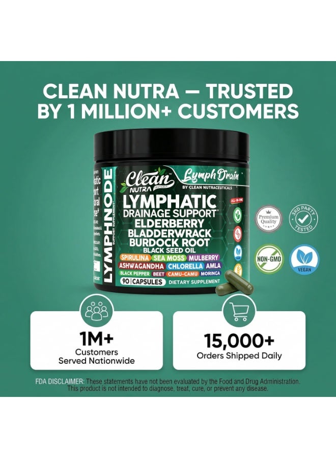 Clean Nutra Organic Lymphatic Drainage Supplements | Elderberry Bladderwrack Burdock Root Black Seed Oil Spirulina Sea Moss Ashwagandha Chlorella Amla Beet Moringa Chlorophyll Lymph System Capsules By Clean Nutra - Image 3