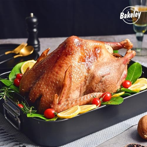 Bakeley صينية شواء بايكيلي، صينية شواء غير لاصقة مع رف، صينية شواء ديك رومي مع رف على شكل V، 17 بوصة × 13 بوصة، سوداء - Image 5
