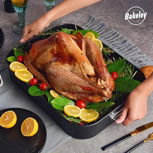 Bakeley صينية شواء بايكيلي، صينية شواء غير لاصقة مع رف، صينية شواء ديك رومي مع رف على شكل V، 17 بوصة × 13 بوصة، سوداء - Image 4
