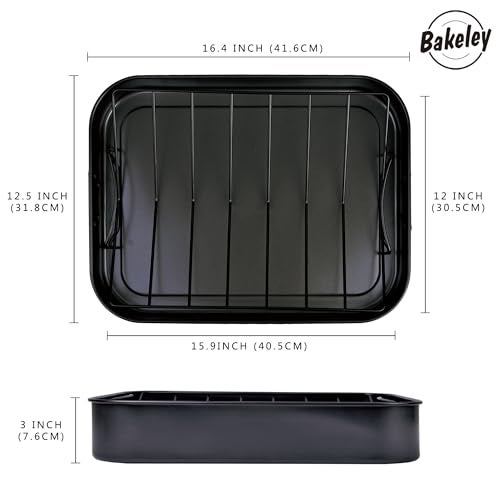 Bakeley صينية شواء بايكيلي، صينية شواء غير لاصقة مع رف، صينية شواء ديك رومي مع رف على شكل V، 17 بوصة × 13 بوصة، سوداء - Image 2