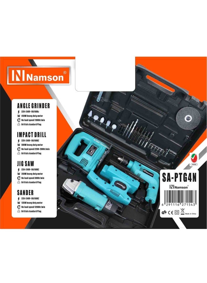 NAMSON مجموعة أدوات كهربائية 4 قطع مثقاب تأثير 450 واط + طاحونة زاوية 500 واط + منشار 350 واط + صنفرة 135 واط SA-PTG4N 220-240 فولت 50-60 هرتز - Image 1