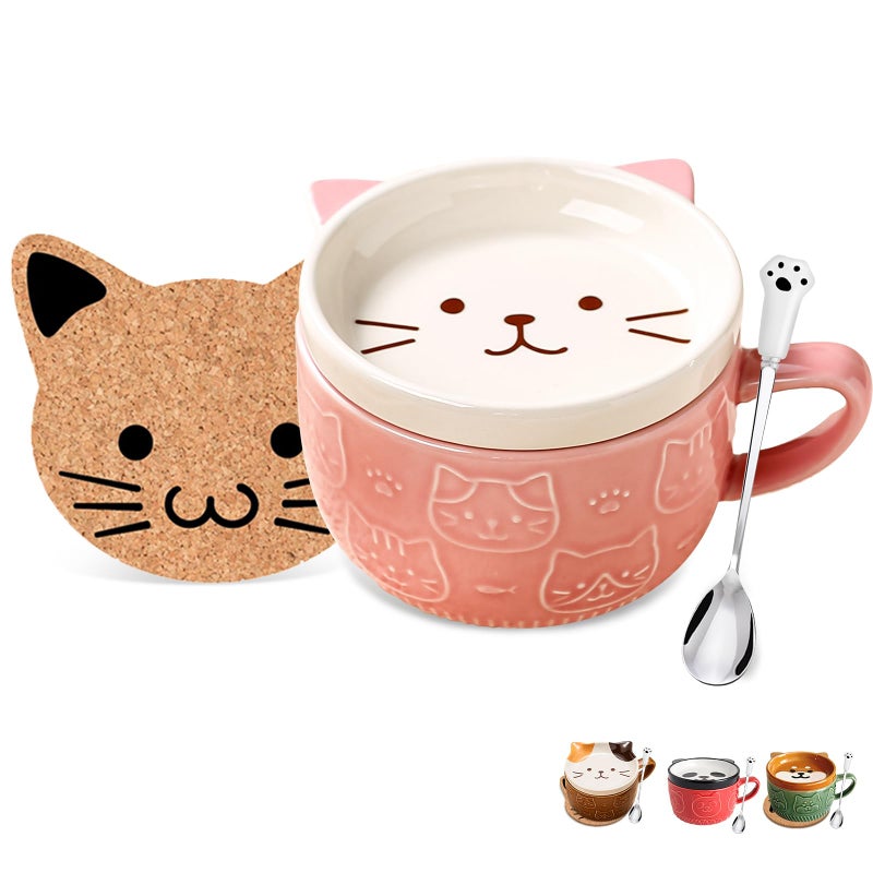 BigNoseDeer Cute Cat Mug Kawaii Tea Cup Pink Ceramic Coffee Mug with lid Tea Cups and Saucers Preppy Stuff Cute Gifts for Women Cat Lovers Christmas Gifts 10oz - Image 2