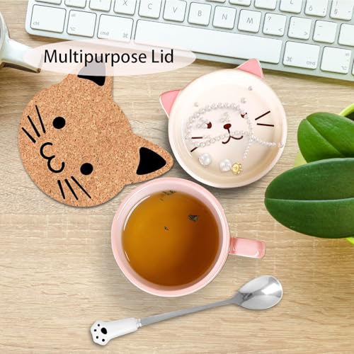 BigNoseDeer Cute Cat Mug Kawaii Tea Cup Pink Ceramic Coffee Mug with lid Tea Cups and Saucers Preppy Stuff Cute Gifts for Women Cat Lovers Christmas Gifts 10oz - Image 3