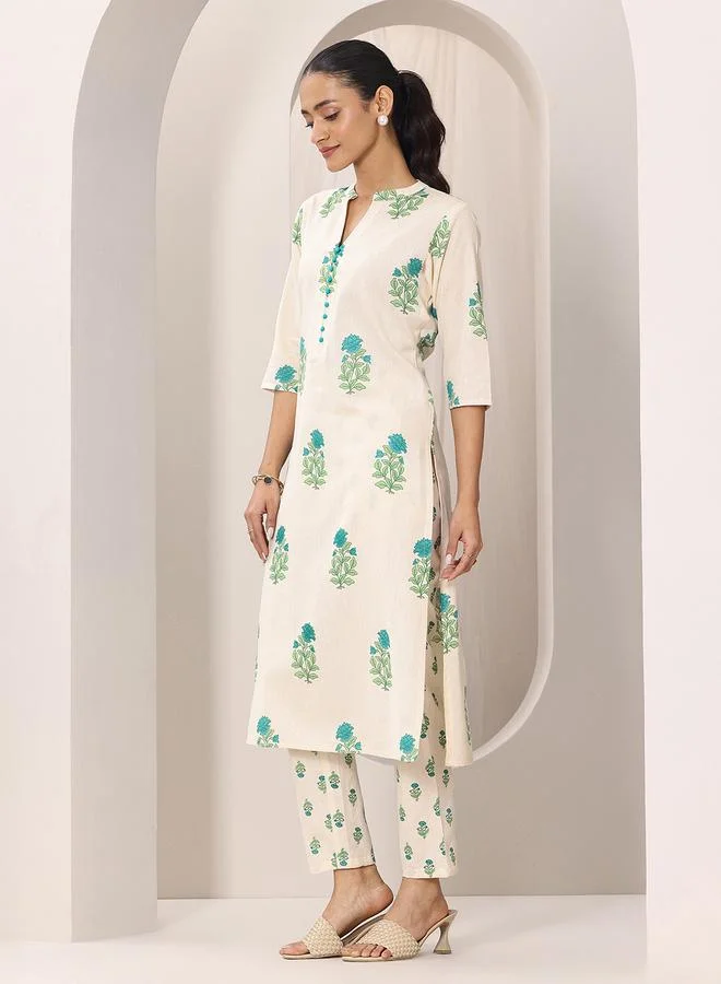 لباس Off White Printed Cotton Straight Kurta and Trousers Set