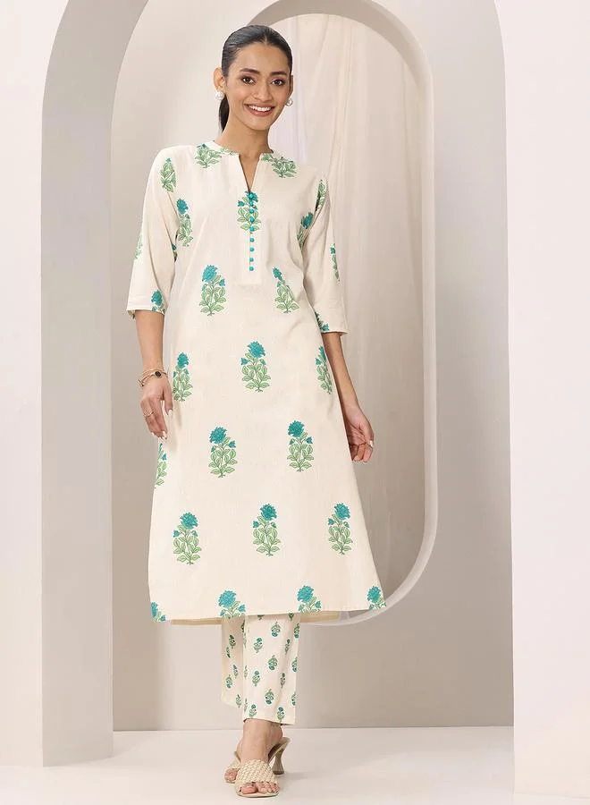لباس Off White Printed Cotton Straight Kurta and Trousers Set