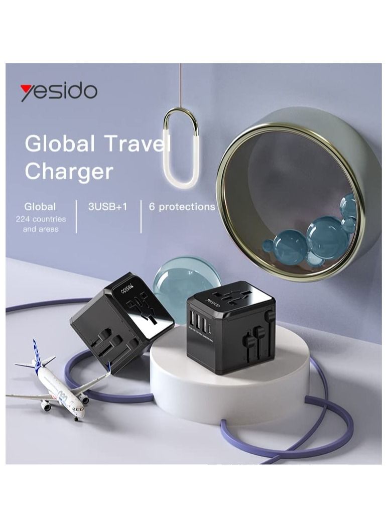 YESIDO Universal Travel Adapter with 4 Ultra-Fast USB Port and 1 Ultra-Fast USB Type C Port and Power Socket Worldwide Plugs UK EU US AU Auto Switch - Image 4