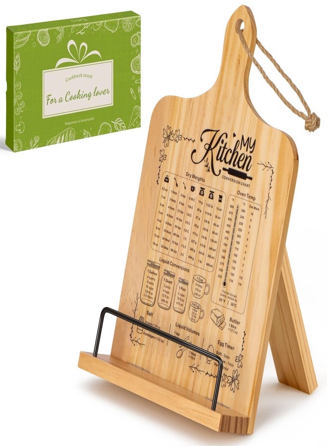 PUERSI Cook Book Stand for Kitchen Counter, Wooden Recipe Book Holder with Measurement Conversion Chart, Adjustable Cookbook Stand, Kitchen Gifts for Cooking Lovers - Image 1