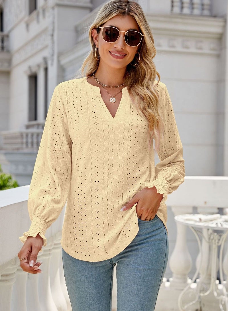 Loquat New Solid Color Hollowed Out Pleated Lotus Sleeve V-neck Loose Sleeved Shirt  - Image 1