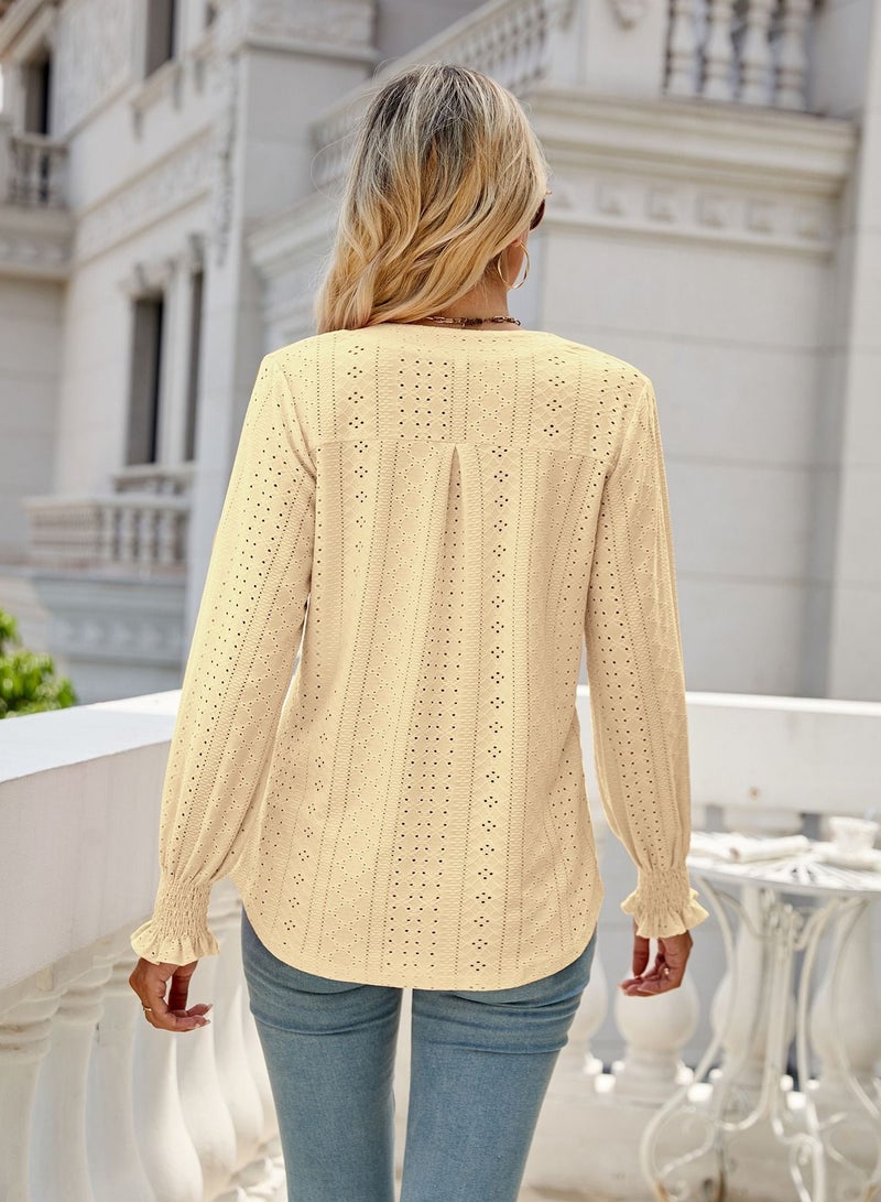 Loquat New Solid Color Hollowed Out Pleated Lotus Sleeve V-neck Loose Sleeved Shirt  - Image 2