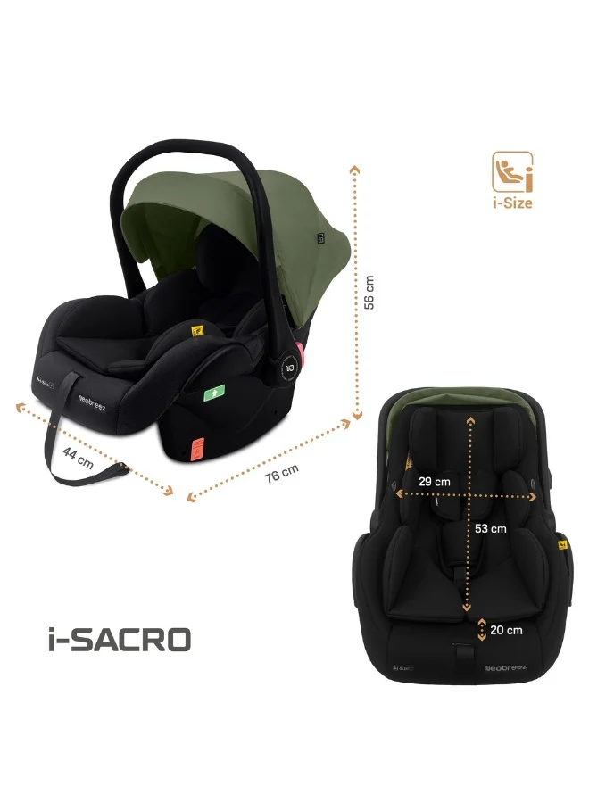 neobreez I-SACRO I-Size Infant Travel Portable Car Seat, Lightweight Baby Car Seat Carrier, Carry Cot, Includes Seat Reducer&Seat Wedge, 3 Point Harness, ECER129, Waterproof Canopy, Newborn to 15months, 13Kg, Group 0+