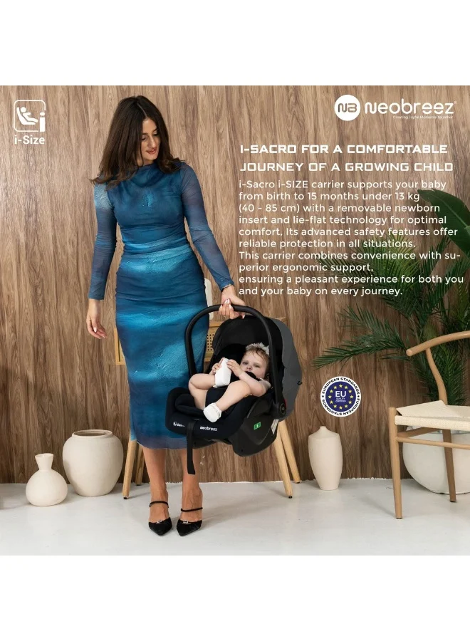 neobreez I-SACRO I-Size Infant Travel Portable Car Seat, Lightweight Baby Car Seat Carrier, Carry Cot, Includes Seat Reducer&Seat Wedge, 3 Point Harness, ECER129, Waterproof Canopy, Newborn to 15months, 13Kg, Group 0+