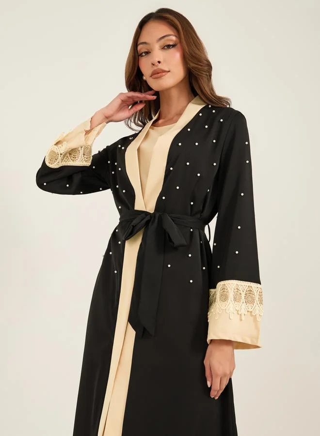 Take Two Take Two Faux Pearl Embellished Lace Cuff Detail Kimono