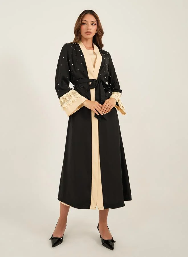 Take Two Take Two Faux Pearl Embellished Lace Cuff Detail Kimono