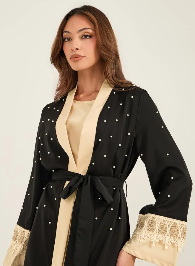 Take Two Take Two Faux Pearl Embellished Lace Cuff Detail Kimono