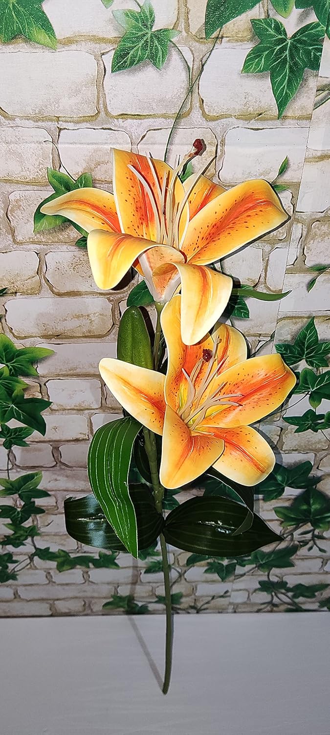 PlantaZee PlantaZee Artificial Flower for Home Decoration Lily Flower Bunch Long Size Stick Stem 2 Big Lily Flower Heads 2 Piece Orange  - Image 1
